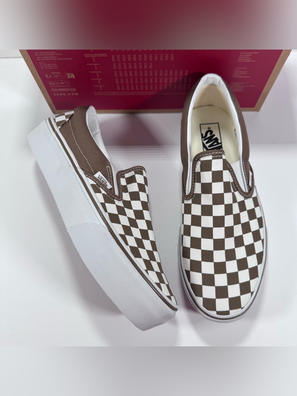 Vans Classic Slip-On Platform Checkerboard Sepia Brown Sneakers Women 10 Men 8.5